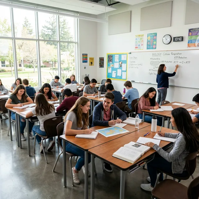 Sala de clases trabajando concentrada, sin celulares a la vista
